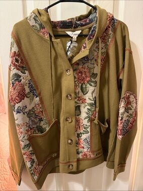 Floral Panel Olive Hooded Button-Front Cardigan
